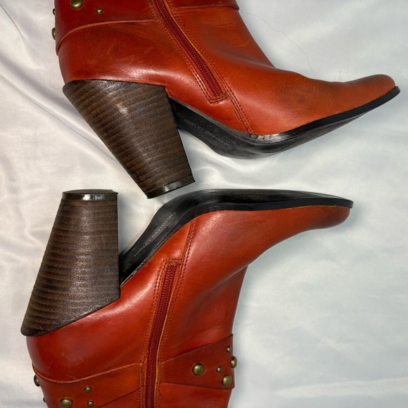 Vintage Harley Davidson Women’s 7.5 Burnt Orange Harness Heeled Boots Side Zip - Picture 8 of 14